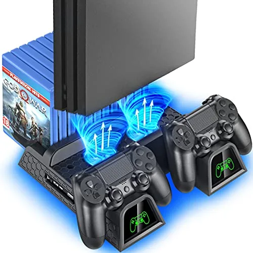 OIVO Soporte para PS4 con Ventilador de refrigeración PS4 para PlayStation 4/PS4 Slim/PS4 Pro, Soporte Vertical PS4 Pro con estación de Carga de Controlador PS4 y 12 Ranuras de Juego