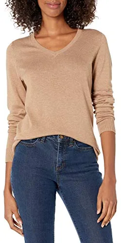 Amazon Essentials Jersey ligero de manga larga con cuello en V para mujer de ajuste clásico (disponible en talla extragrande), color camello jaspeado, talla XXL