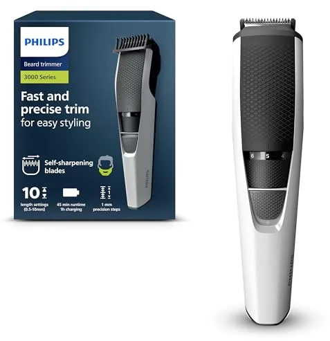 Philips Recortador de Barba Serie 3000, Teconología Lift & Trim, Cuchillas con puntas redondeadas, 10 posiciones ajustables, peine-guía, 100% resistente al agua, indicador de batería, modelo BT3206/14