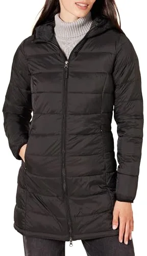 Amazon Essentials Abrigo Acolchado con Capucha, Ligero e Impermeable (Disponible en Tallas Grandes) Mujer, Negro, XS