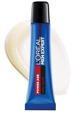 L'Oréal Crema para el contorno de ojos para hombre, Cuidado de ojeras con ácido hialurónico para combatir el envejecimiento, Para pieles secas y apagadas, Men Expert Power Age, 15ml