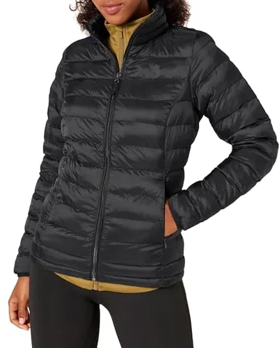 Amazon Essentials Chaqueta Acolchada Ligera de Manga Larga, Plegable, Resistente a la Lluvia (Disponible en Tallas Grandes) Mujer, Negro, M