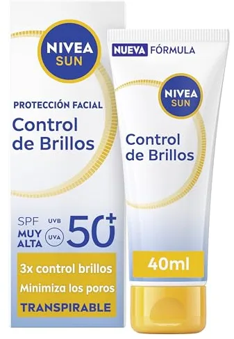 NIVEA SUN Control de Brillos Protección Facial FP50+ Transpirable - Matificante 12 h - Carnitina, Tapioca, Almidón de Arroz, Licocalcón A - Textura Ligera y 0% Sensación Grasa - Piel grasa - 40 ml