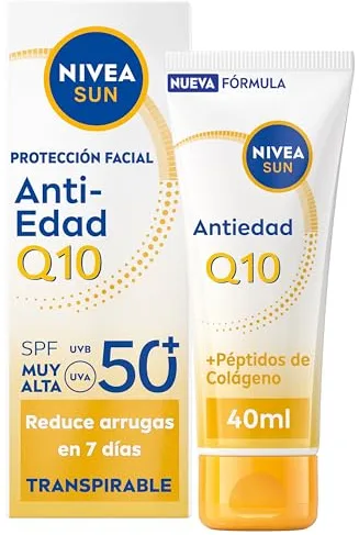 NIVEA SUN Q10 Protección Facial Antiedad SPF50+ Transpirable - Crema Solar Facial UV - Reduce Arrugas en 7 Días - Q10, Péptidos de Colágeno, Licocalcón A - 0% Sensación grasa - Piel Madura - 40 ml