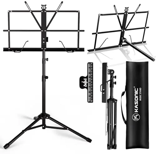 K KASONIC Atril para partituras, Kasonic 2 en 1, plegable, de doble uso, para partituras, y soporte para libros de escritorio, portátil y liviano con soporte para clip de partituras