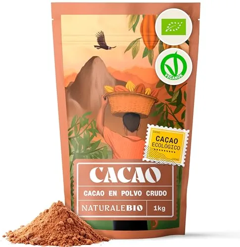 NaturaleBio Cacao Ecológico en Polvo 1kg. Organic Powder. Bio, Natural y Puro producido a partir de Granos Crudos de la planta Theobroma. Sin Azúcares Añadidos. Testado para Metales Pesados.