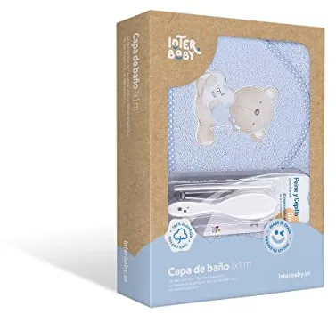 Interbaby - Capa de Baño Bebe Azul + Peines Bebe | Toalla con Capucha 100% Algodón, 100x100cm, Unisex | Suave, Secado Rápido | Ideal para Recién Nacidos, Bebes y Niños Pequeños | Diseño Love You