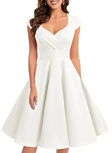 Bbonlinedress Vestido Fiesta Mujer Retro Años 50 Vintage de Cóctel Invierno para Invitada Boda Comunion Dama de Honor Cuello V Manga Corta White XL