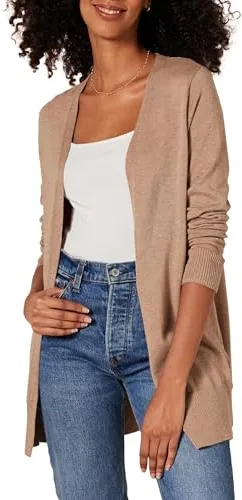 Amazon Essentials Open-front Cardigan, chaqueta punto Mujer, Beige (Camel Heather Cam), Large