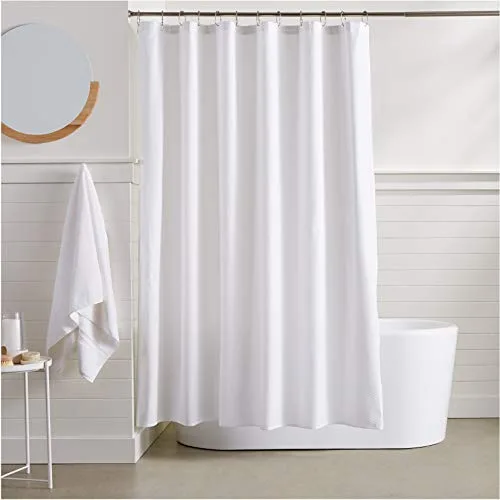 Amazon Basics Cortina de ducha, ligera, supersuave y fácil de cuidar, de microfibra con textura gofrada, 183 x 183 cm, color blanco