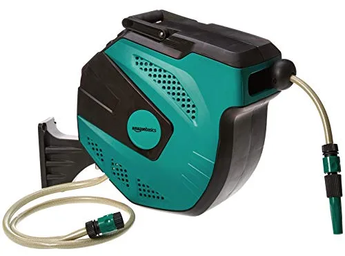 Amazon Basics Enrollador automático de manguera para pared, Negro Verde, 15 m