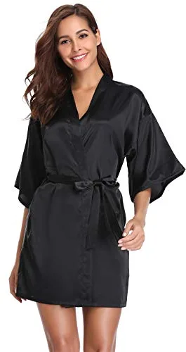 Vlazom Bata Mujer Verano Corto y Sexy, Kimono Mujer Vestir de Satén de Manga 3/4, Batas Novia Boda de Seda con Cinturón,M,Negro