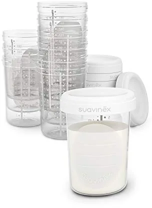 Suavinex, 10 Tarritos Almacenaje Leche Materna. Para Congelar, Almacenar y Transportar Leche Materna y Alimentos de Bebé. Sin BPA. Con Tapa de Rosca Hermética Anti-Fuga, Ideal para Líquidos, 200 ml