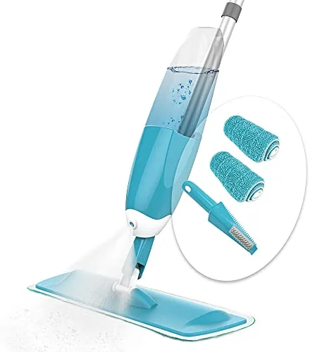 VOUNOT® Mopa Spray, Mopa con Pulverizador, Fregona con Vaporizador, con 2 Almohadilla de Microfibra y 1 Rasqueta de Ducha, 650ml, Azul