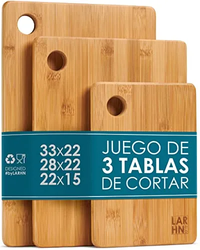 LARHN. Tablas de Cortar Cocina en Madera de Bambú – 3 Tablas Extra Gruesas 1,5 cm – Tabla de Cocina 33x22 / 28x22 / 22x15 cm – Resistentes, Fáciles de Limpiar y Respetuosas con los Cuchillos