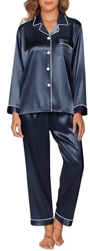 GAESHOW Conjunto de Pijama de Seda de Satén para Mujer, Conjunto de Manga Larga con Botones, Ropa de Dormir, Ropa de Descanso, Conjuntos de Dos Piezas, S-XXL(L)