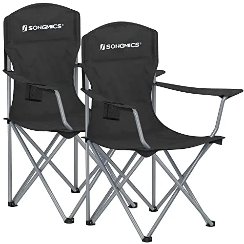 SONGMICS Sillas de Camping, Juego de 2 Sillas de Exterior, Respaldo Alto, Apoyabrazos, Bolsillo para Tazas, Portátil, Plegable, Carga de 150 kg, Acampada, Jardín, Pesca, Terraza, Negro GCB08BK