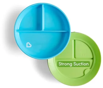Munchkin Set de Platos Divididos Stay Put para Bebé, Plato para Bebé y Niño Pequeño con Compartimentos para el Destete, Plato con Ventosa para Niños de 6m+, Set de 2, Azul/Verde