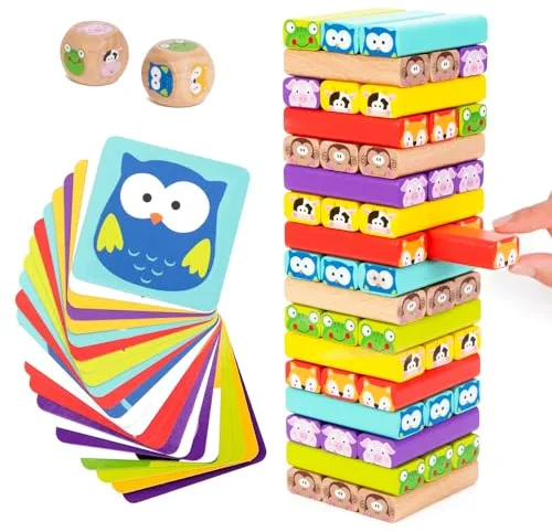 Nene Toys Torre de Bloques Infantil de Madera 4 en 1 con Colores y Animales – Juego de Mesa Familiar Educativo para Niños Niñas de 3 a 9 años – Regalo para Compartir Entre Padres e Hijos