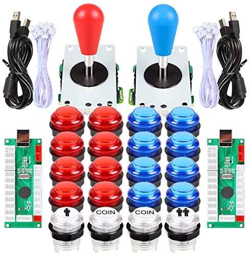EG STARTS 2 Piezas de Arcade LED para Jugadores DIY Codificador USB 2X Elipse Óvalo Joystick de Estilo 20x Botones de Arcade LED para PC Sistema de Windows Raspberry Pi MAME (Rojo & Azul)