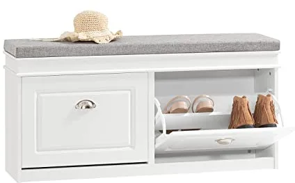 SoBuy Banco Zapatero con Asiento y Almacenaje - Puff Organizador con 2 Solapas, Estrecho para Zapatero Entrada Recibidor, Recibidores de Entrada y Dormitorio, 104x24x52cm Blanco FSR64-W