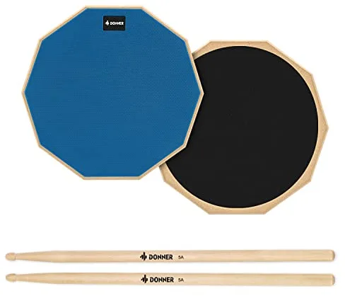 Donner Almohadilla de Práctica Silenciosa de 2 Lados con Baquetas,12 Pulgadas, Azul