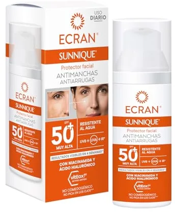 ECRAN SUNNIQUE – Protector Facial Antimanchas Antiarrugas SPF 50+ con Niacinamida y Ácido Hialuronico, Despigmenta y Unifica el Tono, Fórmula con VitEox80 - 50 ml