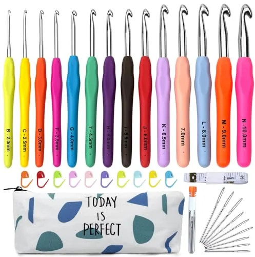 Agujas de Ganchillo, 14 PCS Agujas de Ganchillos Kit de Ganchillos Accesorios con Bolsa Kit Conjunto de Ganchillo, manijas ergonómicas de agarre suave