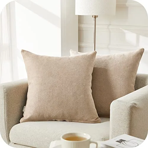 Topfinel Juego 2 Fundas Cojines Cama Sofas de Chenilla Algodón Lino Duradero Almohadas Decorativa de Color sólido para Sala de Estar, sofás, Camas, sillas Dormitorio Jardín Coche 45x45cm Caqui