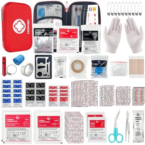 HONYAO Botiquín de Primeros Auxilios de 200 piezas, Mini Kit de Supervivencia Bolsa Médico de Emergencia Completo para Hogar Coche Barco Lugar Trabajo Mochila y Acampar Senderismo Viaje