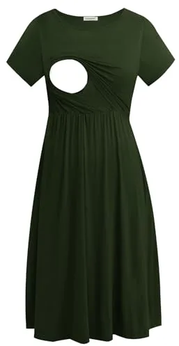 Smallshow Vestido para Premamá de Mangas Cortas Ropa Casual de Maternidad para Lactancia Army Green Medium