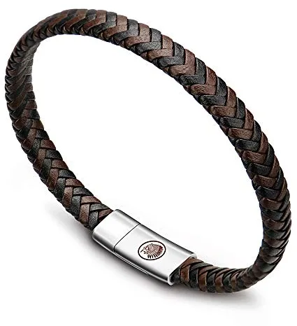 Casisto.J Pulsera Cuero Hombre - Pulsera Trenzada Hecha a Mano clásica en Negro y marrón con Cierre magnético Grabado Joyas Gratis en Caja