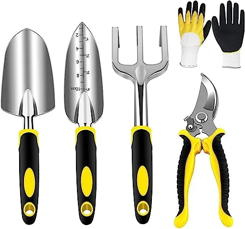 AGAKY Herramientas de Jardín Acero Inoxidable, Juego de Herramientas para Jardinería con Tijeras Podar, Paleta Mano, Trasplantador, Rastrillo Mano, Guantes Jardinería (750, 5PCS)