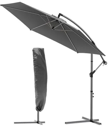 VOUNOT® 300 cm Parasol Excentrico, Sombrilla de Jardín con Manivela y Funda Protectora, Protección UV, Gris