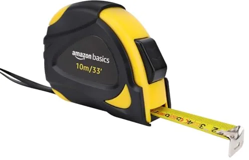 Amazon Basics Cinta métrica con cierre automático, escala y en pulgadas, precisión MID, 10 m (Paquete de 1), Negro, Amarillo