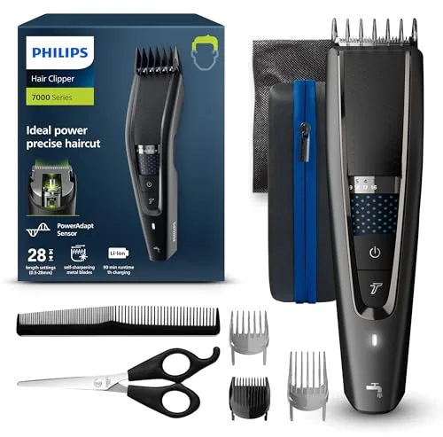 Philips Cortapelos con cuchillas de titanio, 3 Peines guía, 28 Ajustes de longitud, 90 min de uso sin cable, Incluye funda de viaje, Color Negro