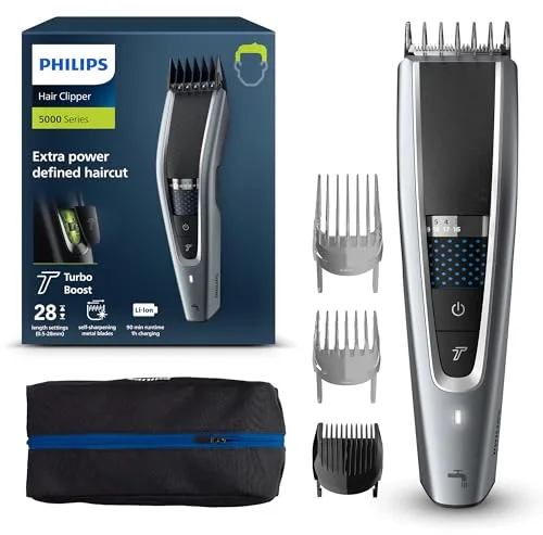 Philips Serie 5000 HC5630/15 - Cortapelos, 28 ajustes de longitud para estilo deseado, 90 min de uso sin cable, incluye 3 peines-guía y funda