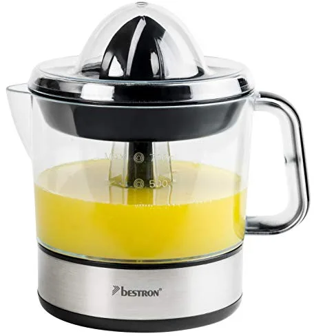 Bestron Exprimidor eléctrico de cítricos y naranjas, incl. 2 conos exprimidores y tapa aromática, motor con dos sentidos de giro (izquierda/derecha), capacidad: 0,7 litros, 40 vatios, color: plata