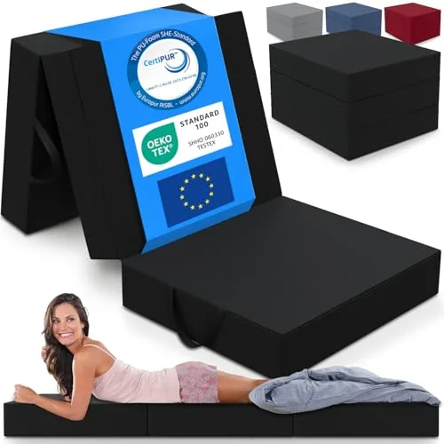 ELONEO Colchón Plegable, colchón para Invitados, colchón Plegable de 3 Piezas, Espuma Extra Gruesa (15 cm), Lavable, Plegable, Adultos (Negro, 75 x 195 x 15 cm)