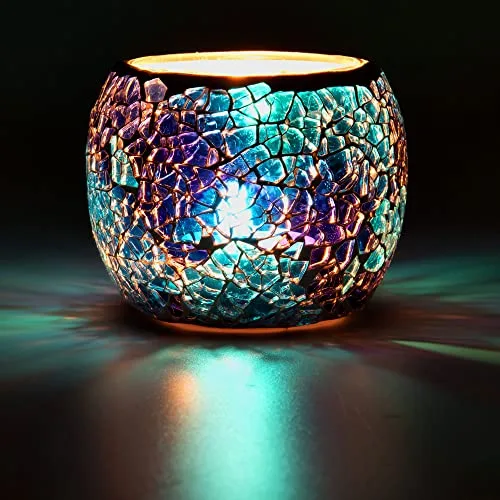 Larcenciel Portavelas de Cristal Mosaic, Portavelas Romántico y Vintage de Hecho a Mano, Jarrón, Portaplumas, Decoracion para Decoración del Hogar, Bodas, Fiestas (Azul)