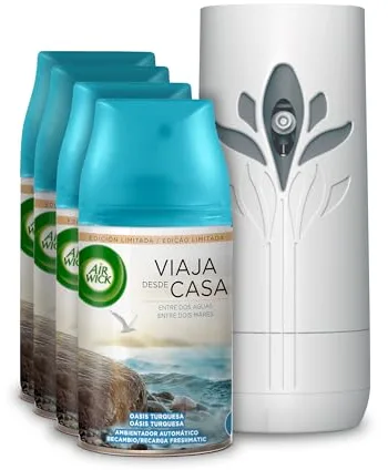 Air Wick Freshmatic, Aparato y 4 Recambios de ambientador spray automático, Aroma a Oasis Turquesa, El embaleje puede variar