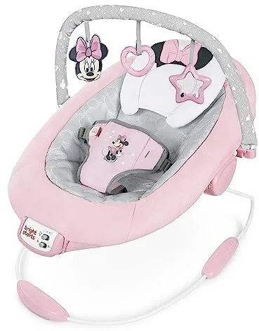 Bright Starts Disney Baby MINNIE MOUSE - Asiento Infantil Vibrador Cómodo - Música, Barra de Juguetes Removible, 0-6 Meses Hasta 9 kg (Rosy Skies)