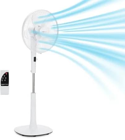 Amazon Basics Ventilador de Pie 40 cm, Motor DC, 12 Velocidades con Mando a Distancia, 3 Modos de Brisa, Aspas de Doble Capa, Temporizador, Eficiencia Energética y Motor DC Silencioso (28W), Blanco