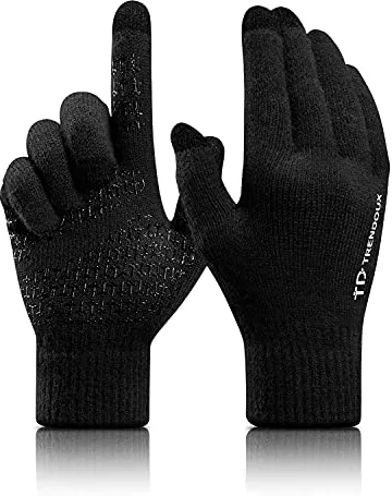 TRENDOUX Guantes de invierno unisex, para pantalla táctil, agarre antideslizante, forro cálido, puños elásticos, material de punto, guantes de nieve para bicicleta, correr, color negro, L