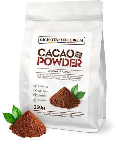 Cacao V Delta Cacao Puro en Polvo Alcalinizado 250g - Polvo 10/12 Sin Azúcar, Sin Gluten, Sin Alérgenos, Vegano y No GMO - Antioxidante con Flavonoides para una alimentación Óptima