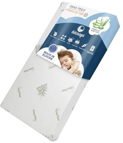 DOLCI SOGNI Colchon Minicuna 50x83, Espesor 8 cm, Oeko-Tex® y CertiPUR™ Colchón Minicuna 50x83 cm de Bebé, Colchon de Cuna con Funda de Aloe Vera Desenfundable y Lavable