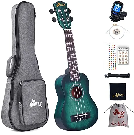 Winzz Ukelele Soprano Principiante para Niños Adulto con 8 Accesorios, Diseño de Color Único - 21 Pulgadas Cian Oscuro
