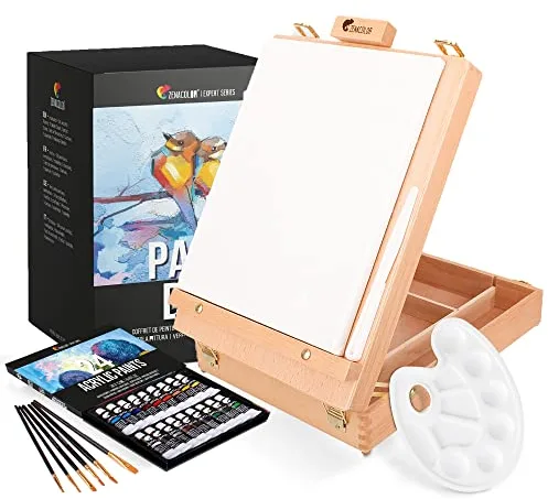 Kit Pintura con 34 piezas - 24 Tubos de Pintura Acrilica, 6 Pinceles Pintura, Lienzo para Pintar 24x30cm, 1 Caballete Pintura, Espátula y Paleta Pintura
