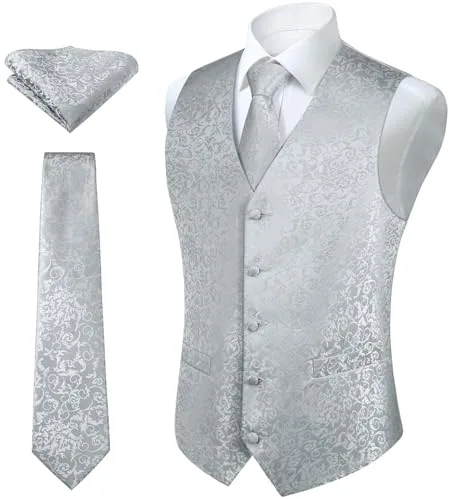 HISDERN Chaleco y corbata de jacquard floral paisley clasico para hombre y traje de chaleco cuadrado de bolsillo Gris plateado M