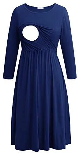 Smallshow Vestidos de Lactancia Vestido de Lactancia Materna de Manga 3/4 para Mujeres Navy L